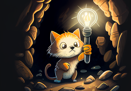 cartoon kitten holding torch looking into cave